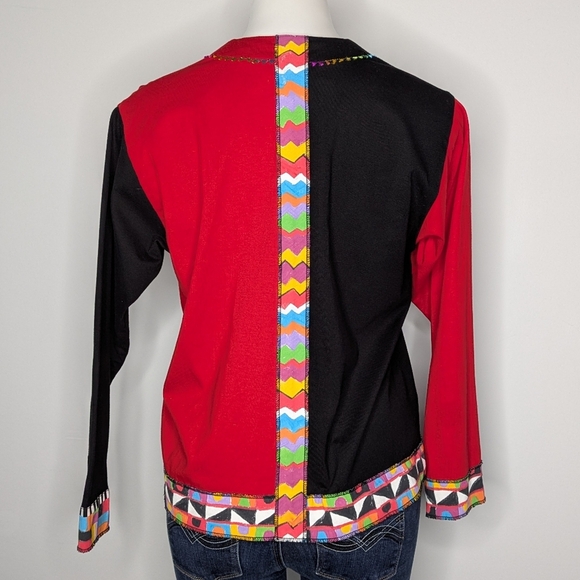 Vintage LRW Red Black Colorful Color Block Mixed Print Button Up Top M - Picture 5 of 7